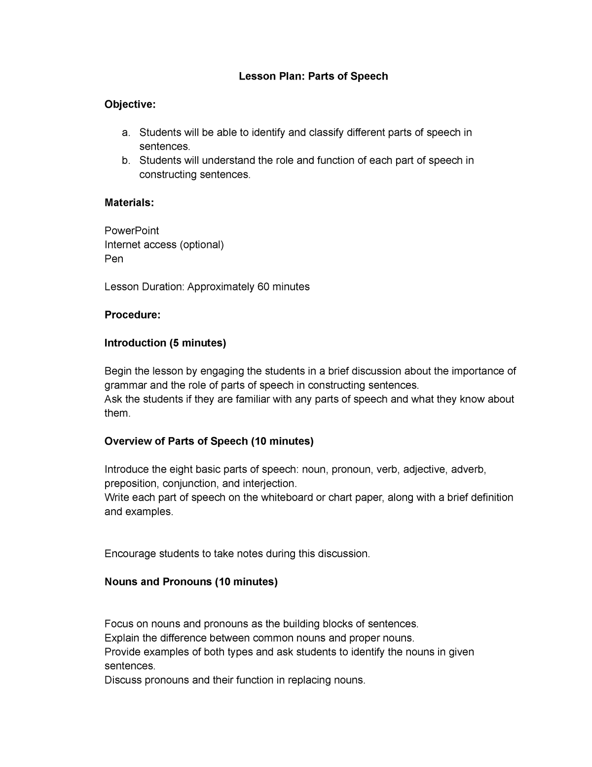 lesson plan in parts of speech