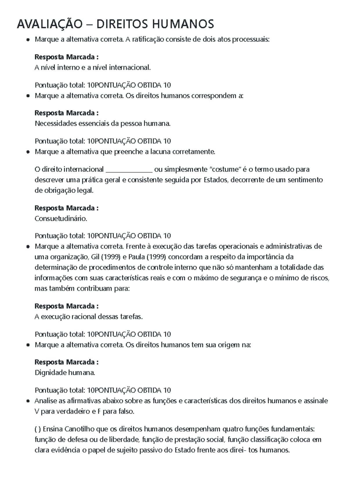 Avaliação Direitos Humanos - AVALIAÇÃO – DIREITOS HUMANOS Marque a ...
