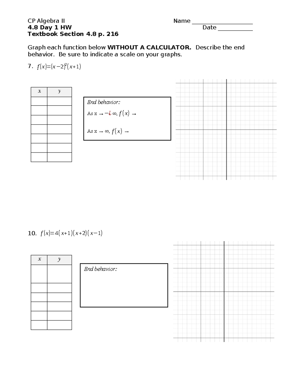 homework algebra - CP Algebra II Name _____________________ 4 Day 1 HW ...