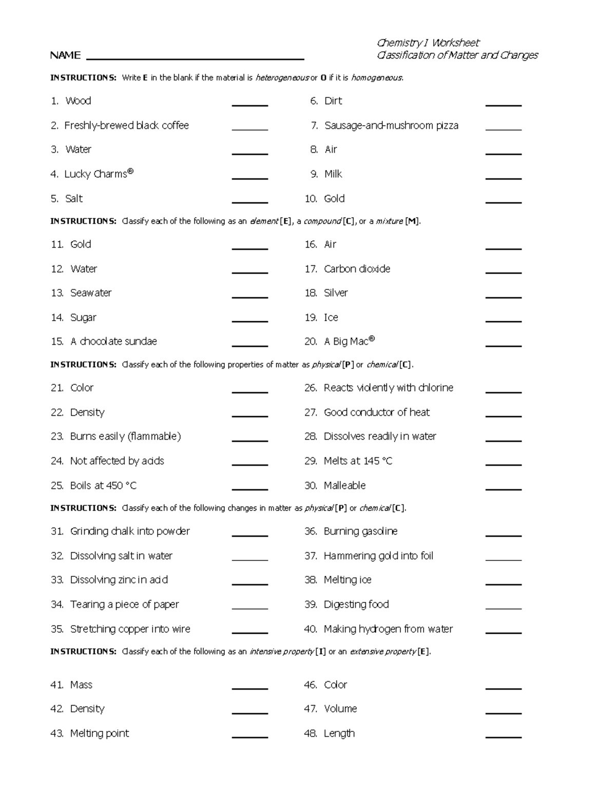Chemistry I Classification of Matter Worksheet - Chemistry I Worksheet NAME  Classification of Matter - Studocu