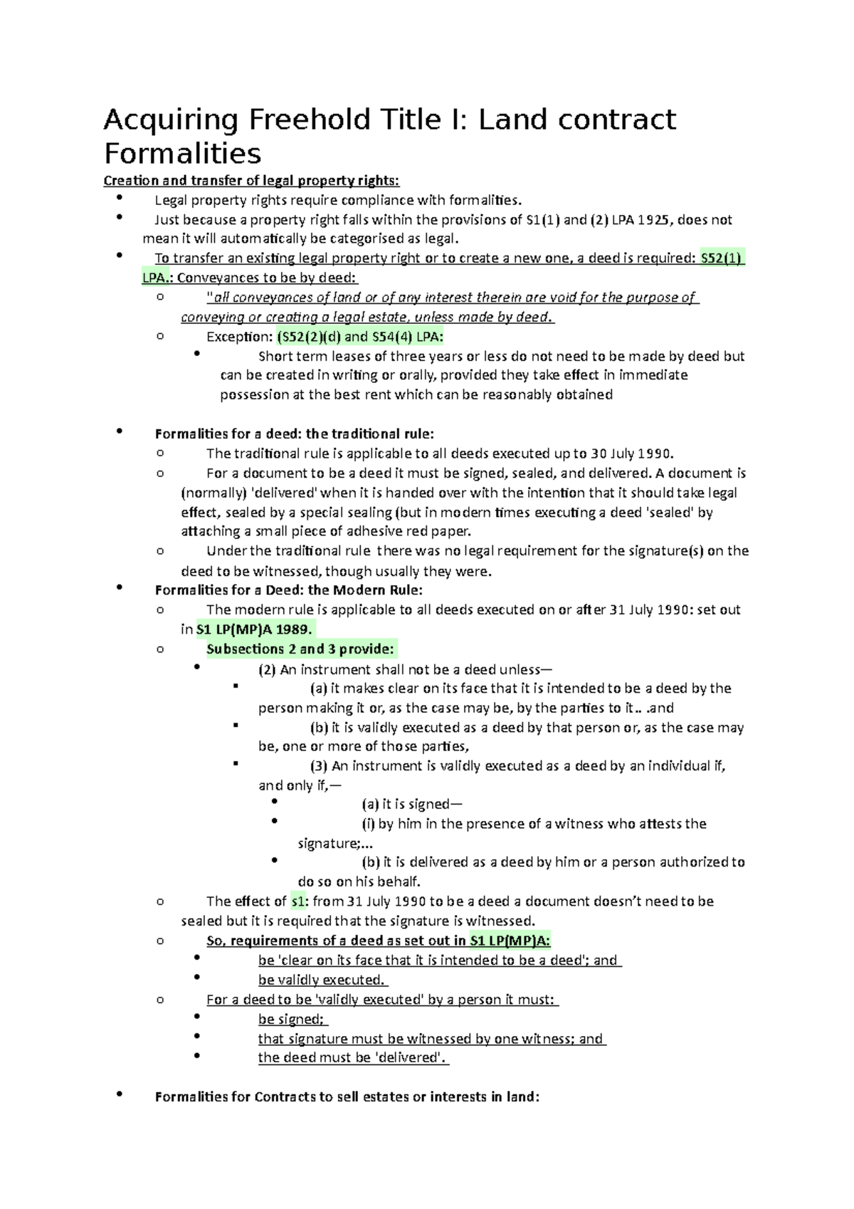 Acquiring Freehold Title I Land contract Formalities Acquiring
