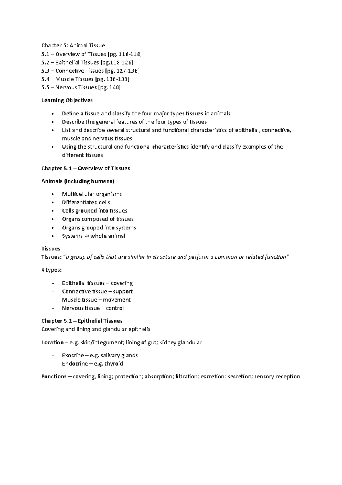 LFS100 - CH5 - Lecture notes 5 - Chapter 5: Animal Tissue 5 – Overview ...