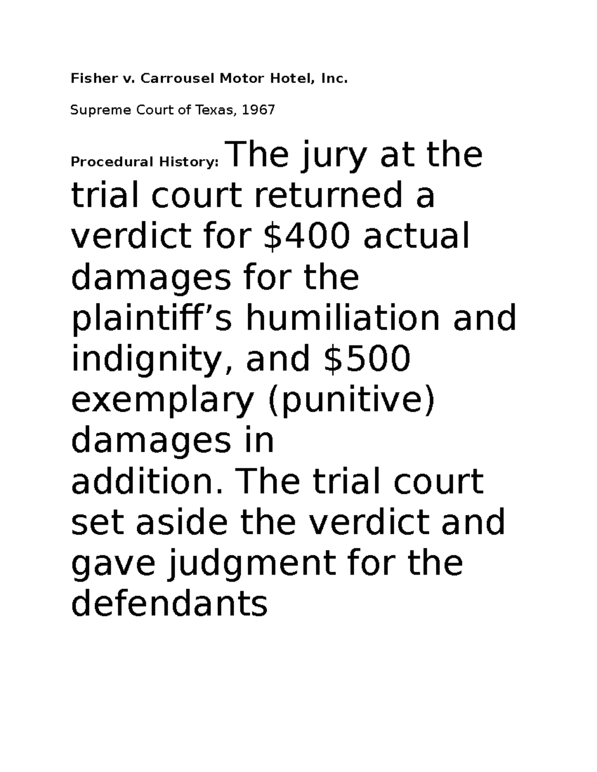 Fisher v Carrousel Motor hotel case brief Fisher v. Carrousel Motor