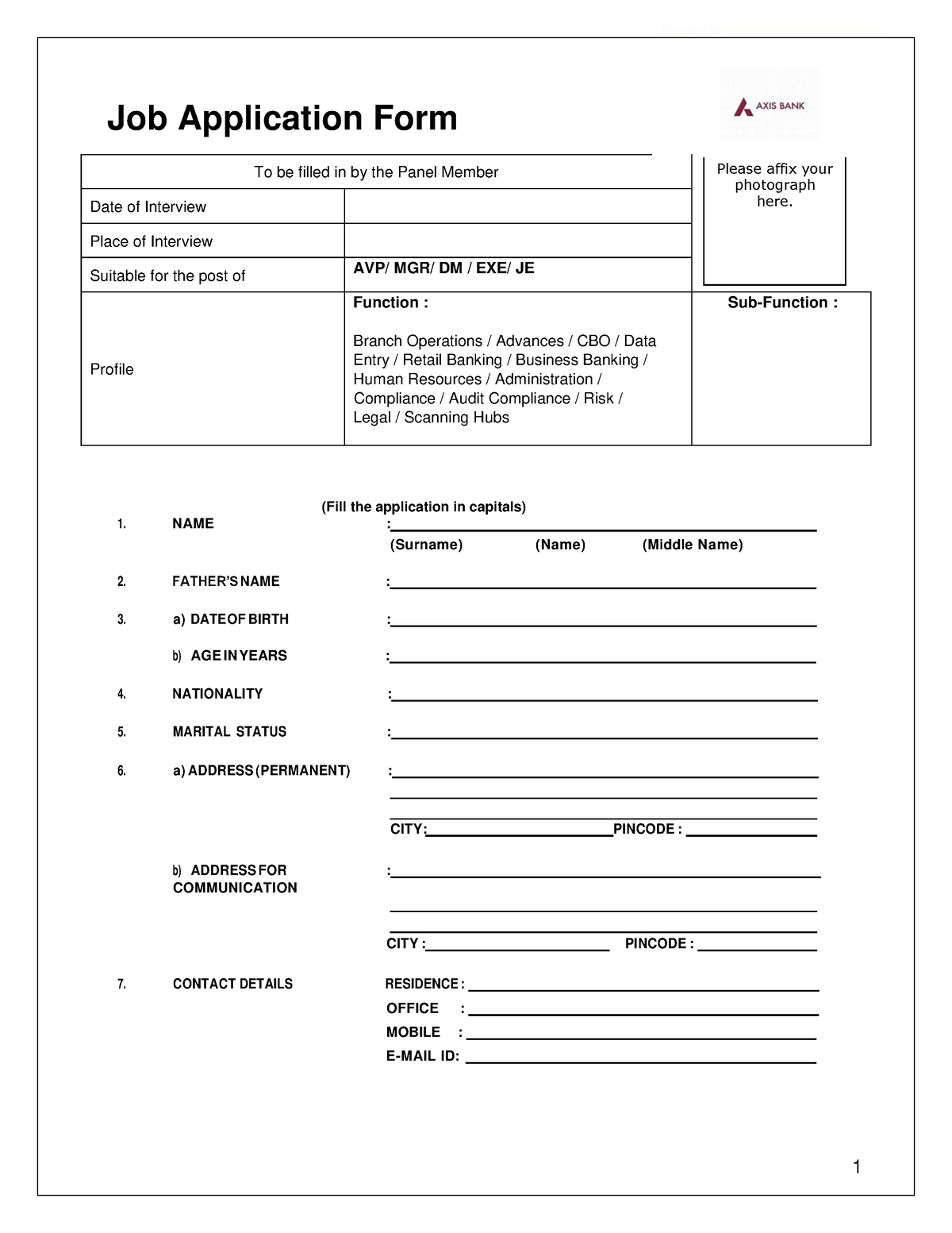 Axis Bank Application form pdf-1 - Job Application Form To be filled in ...