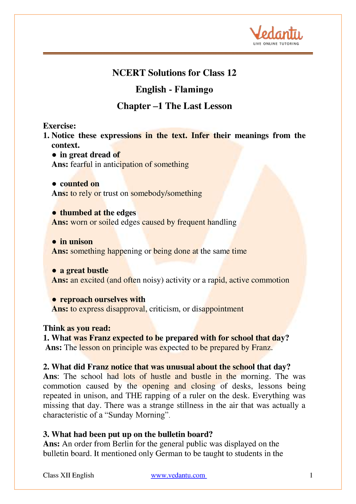 Class 12 English Flamingo Chapter 1 - NCERT Solutions For Class 12 ...