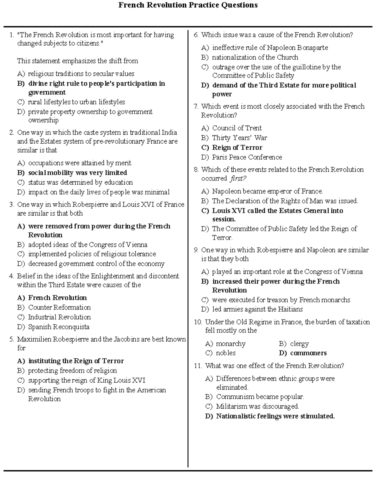 French Revolution Practice Questions French Revolution Practice 