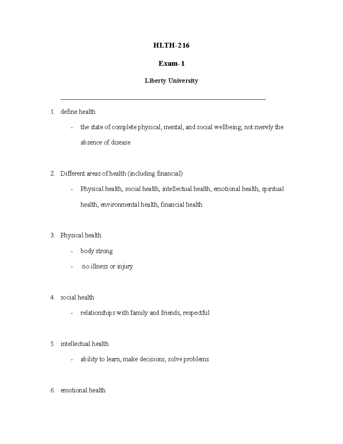 HLTH 216 Exam 1 - Exam 1 Practice Questions - HLTH- Exam- Liberty ...