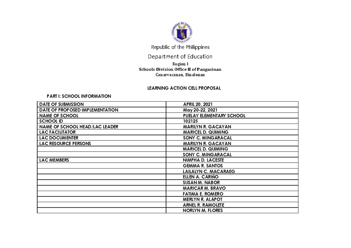 Lac Proposal Mam Alyn A Lesson Plan Republic Of The Philippines Www 