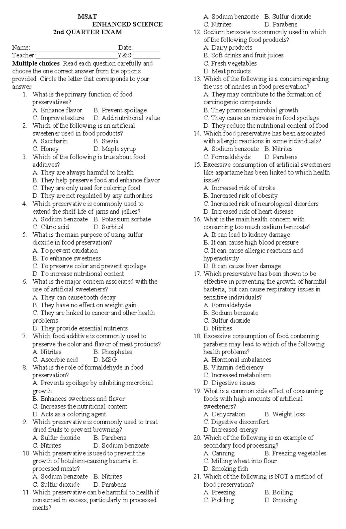 Enhanced Sci Summative - MSAT ENHANCED SCIENCE 2nd QUARTER EXAM Name ...