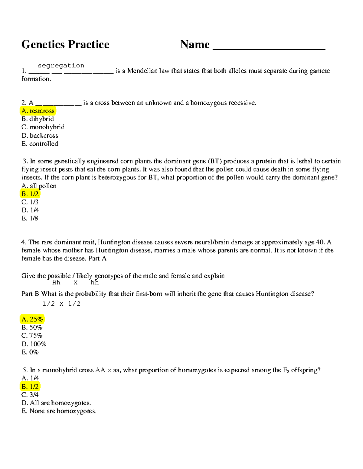 Exam1 practice 1 with answers - Genetics Practice Name