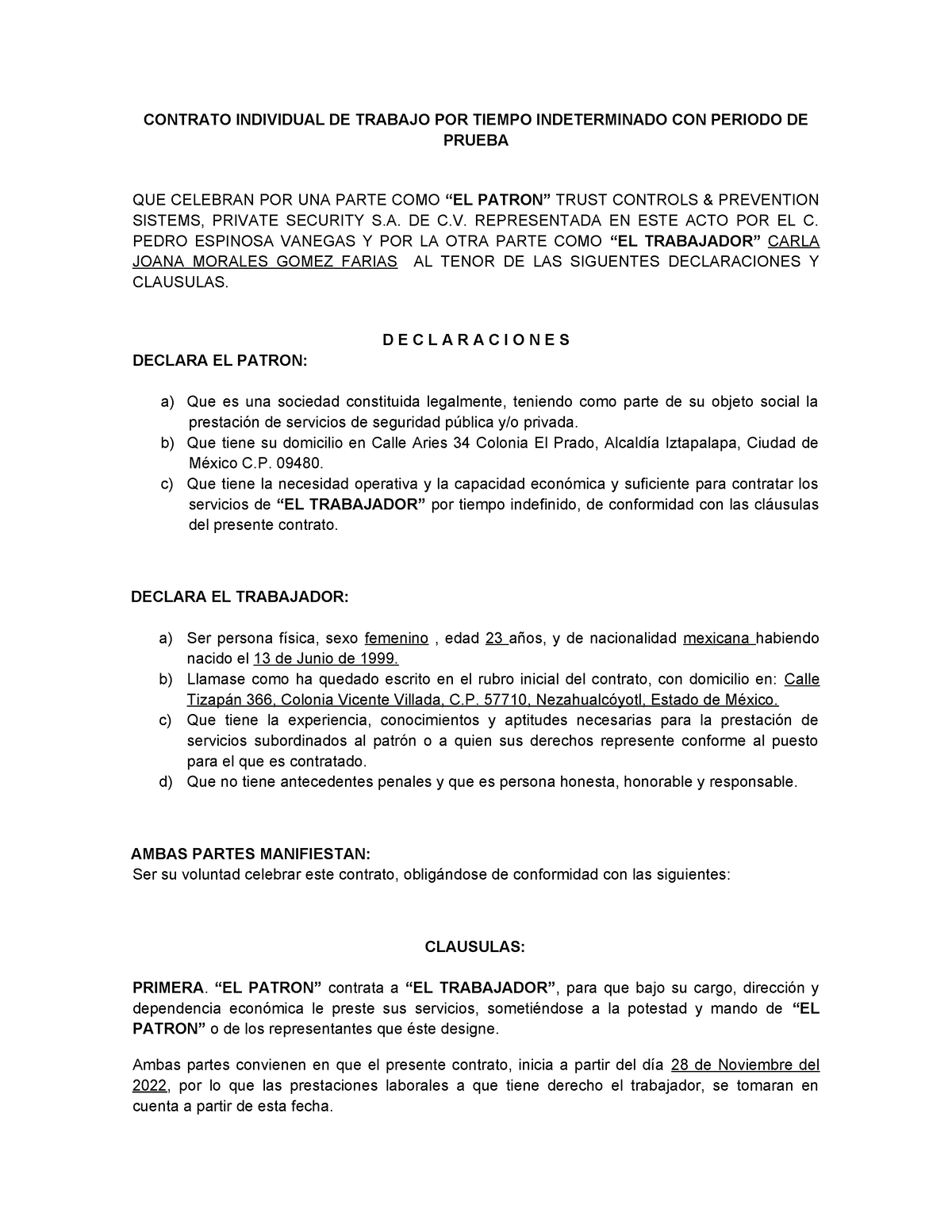 Contrato Individual DE Trabajo POR Tiempo Indeterminado CONTRATO INDIVIDUAL DE TRABAJO POR