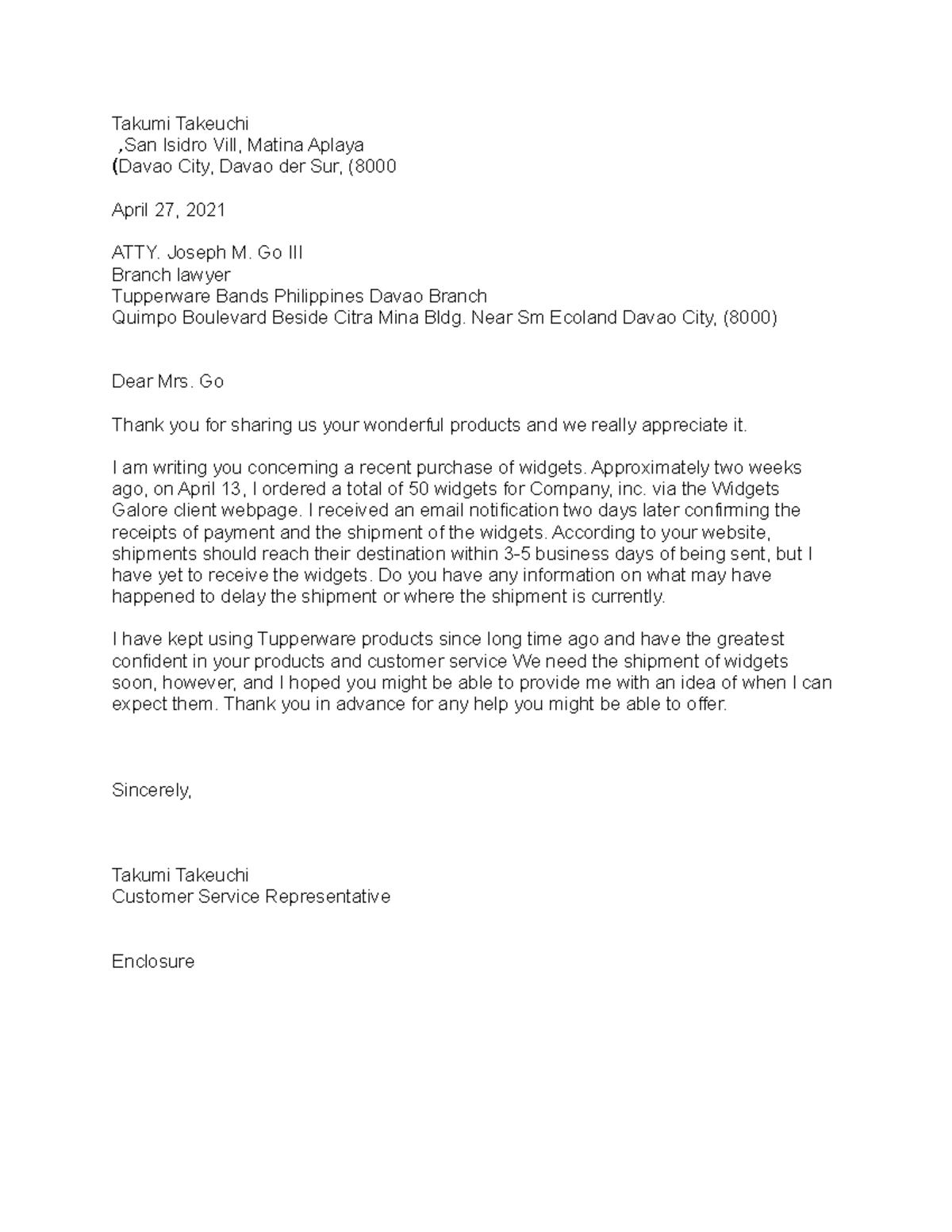 Sales Letter - Takumi Takeuchi ,San Isidro Vill, Matina Aplaya (Davao ...