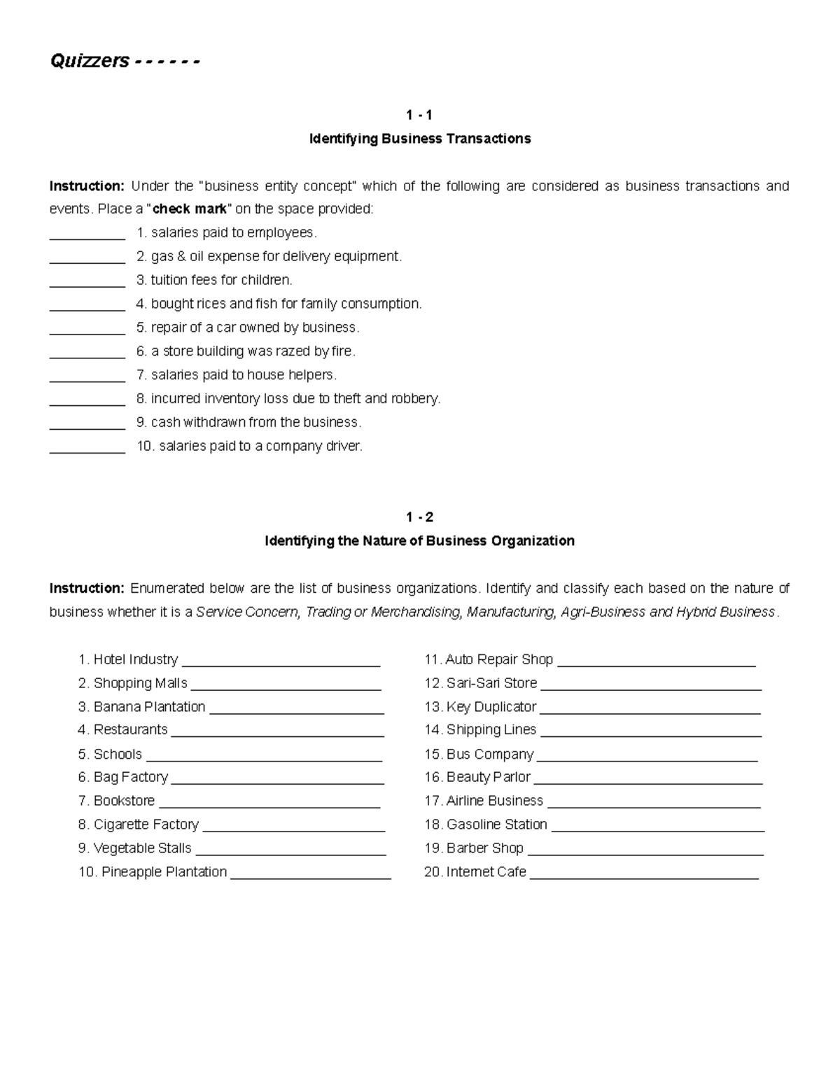 SHS B a sic Accounting Review Quizzers 1 1 Identifying Business