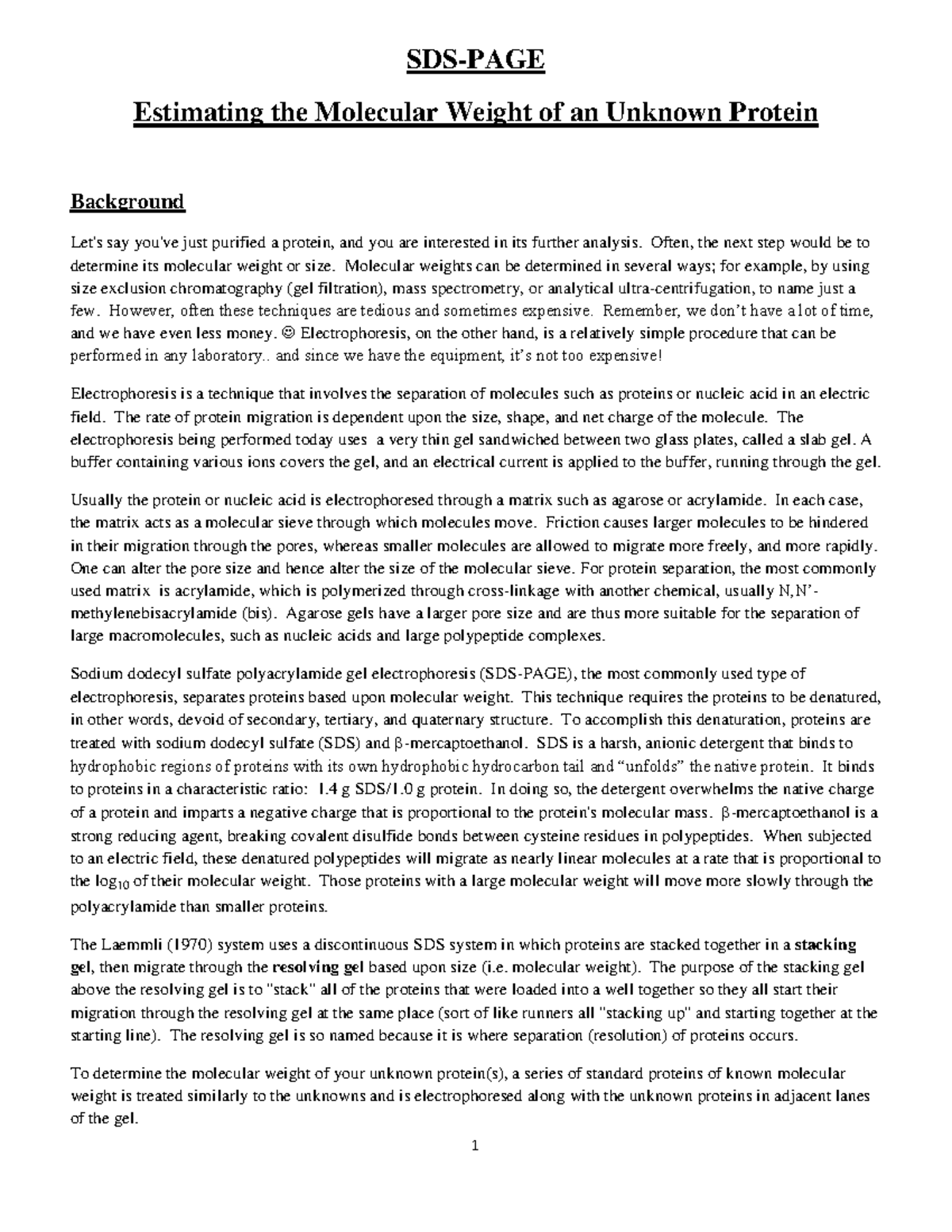 Bio 180 Lab 5 SDS-Page - SDS-PAGE Estimating the Molecular Weight of an ...