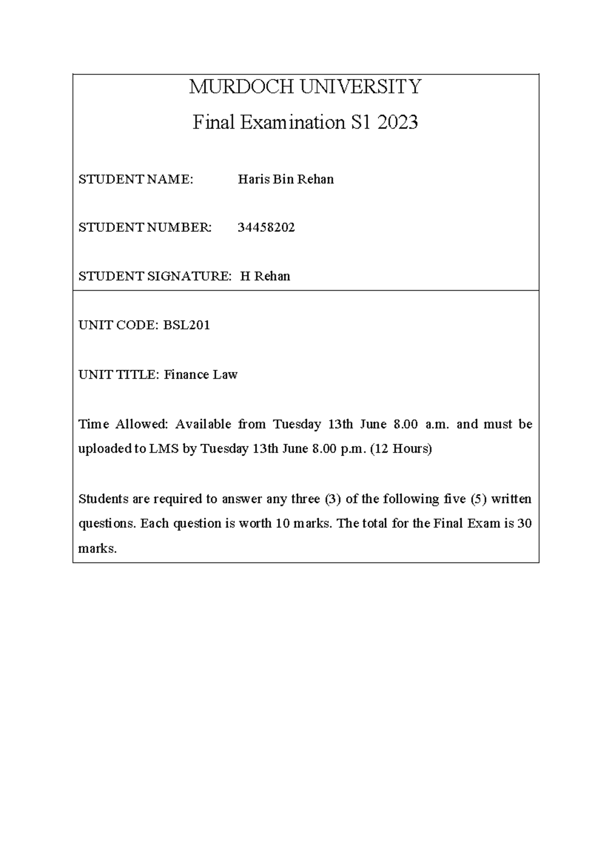 BSL201 Final Exam MURDOCH UNIVERSITY Final Examination S1 2023