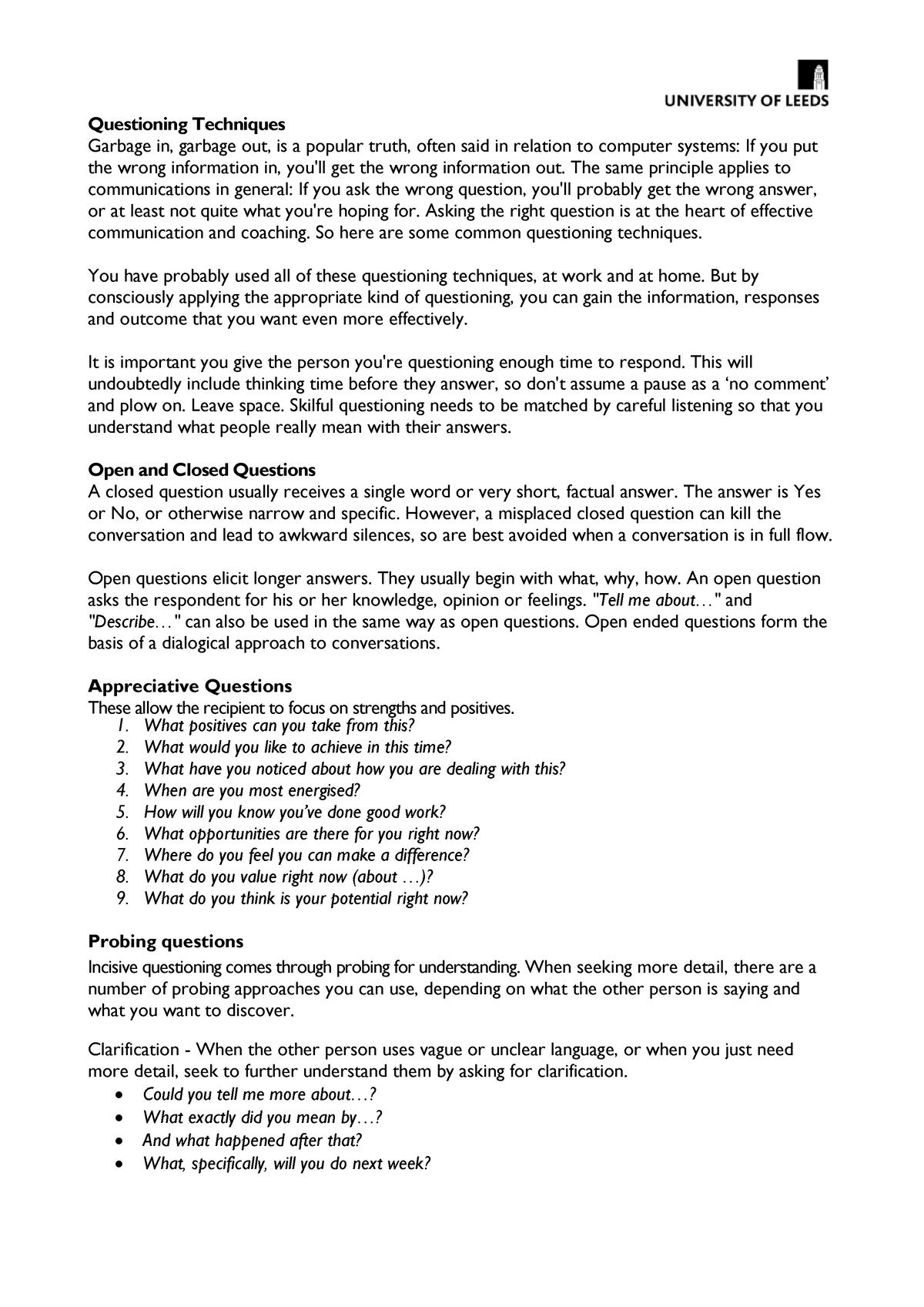 Questioning-Techniques - Questioning Techniques Garbage in, garbage out ...