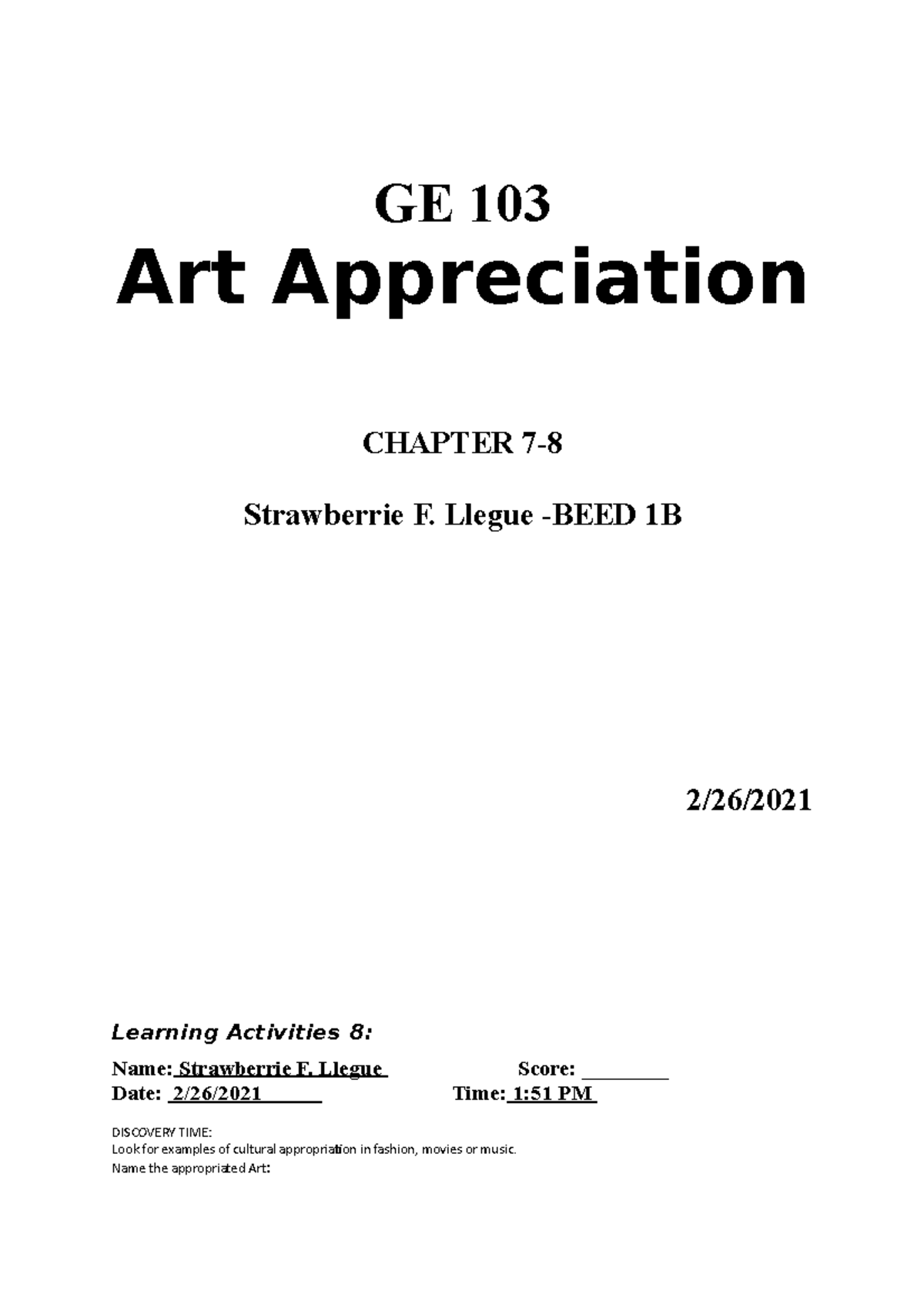 Strawberrie F. Llegue BEED 1B Art Appreciation GE 103 Chapter 7-8.docx ...
