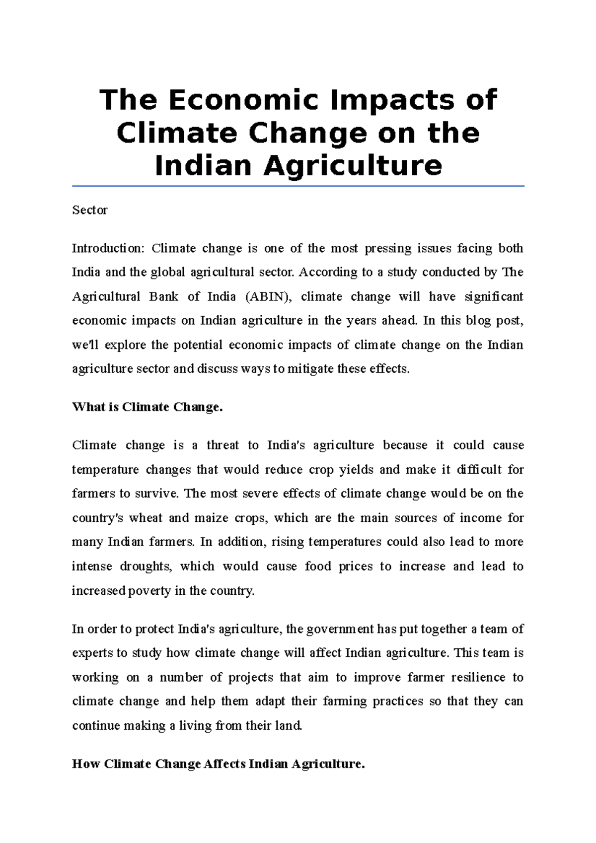 The Economic Impacts of Climate Change on the Indian Agriculture - The ...