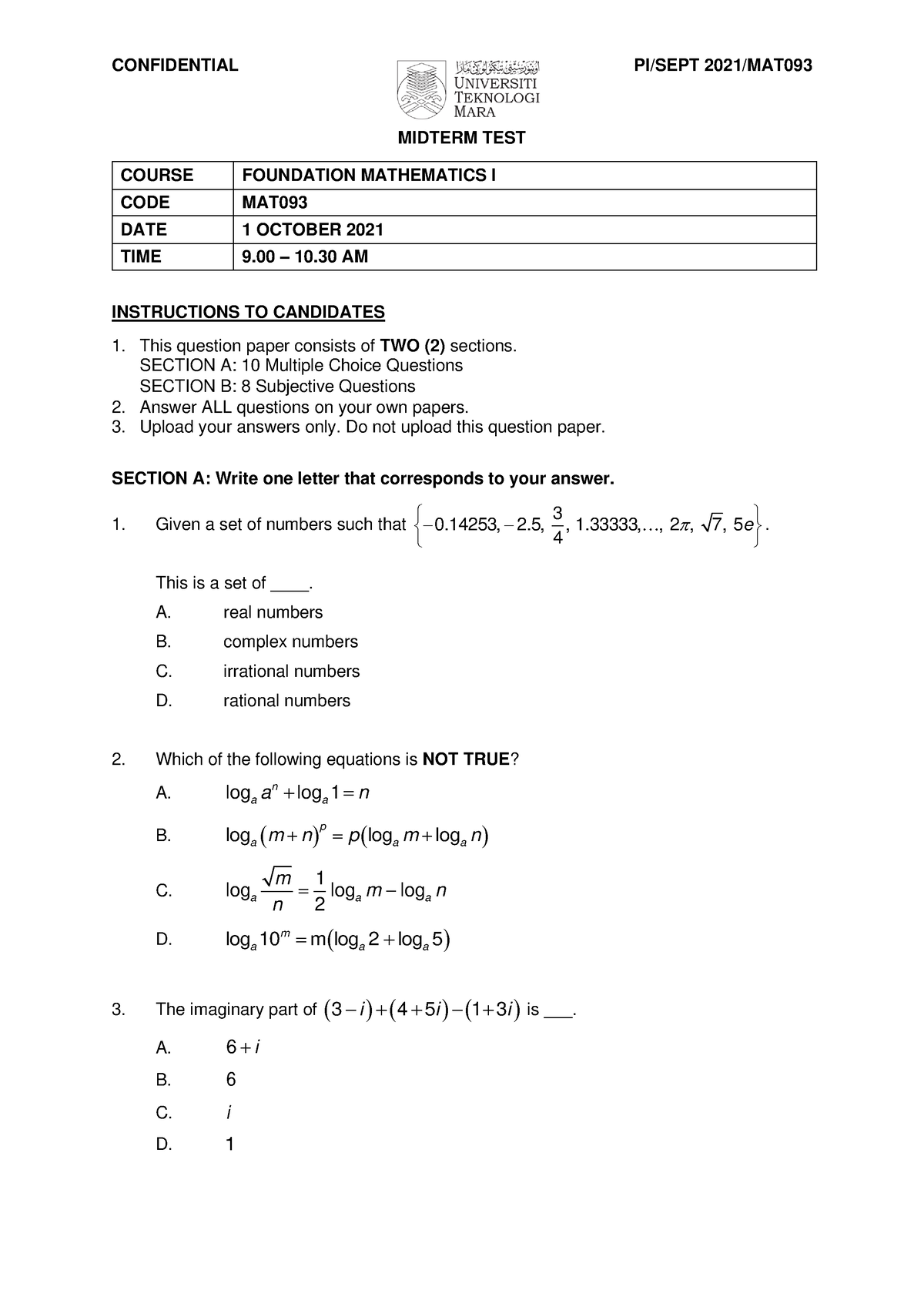 MAT093 SEPT 2021 Midterm TEST1 Question Paper - MIDTERM TEST COURSE ...