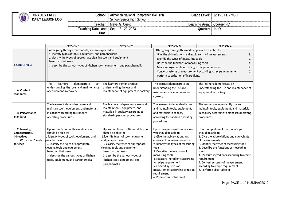 Week-4 - cookery - GRADES 1 to 12 DAILY LESSON LOG School: Atimonan ...