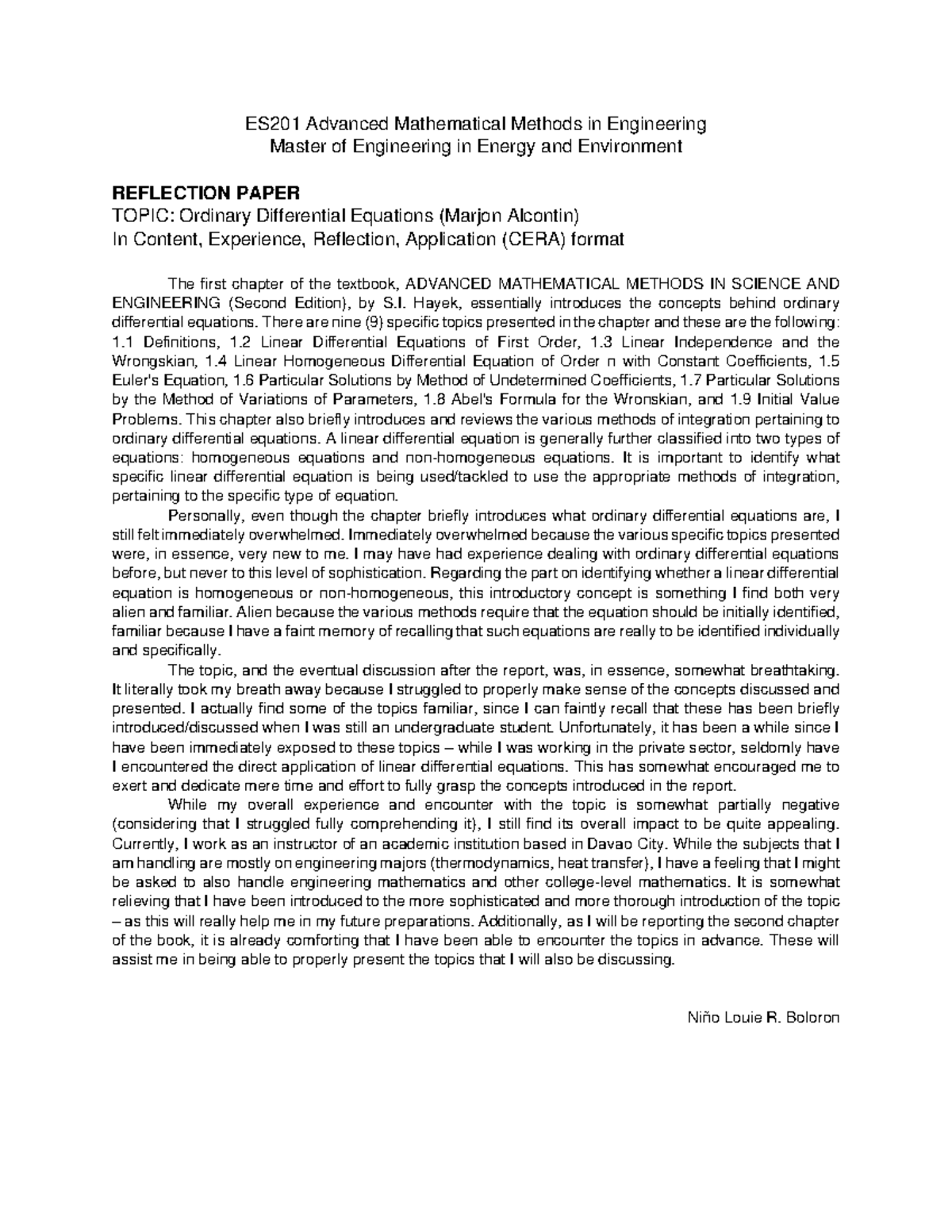 Assignment AEM 1 - Essay on Advanced Engineering Mathematics - ES201 ...