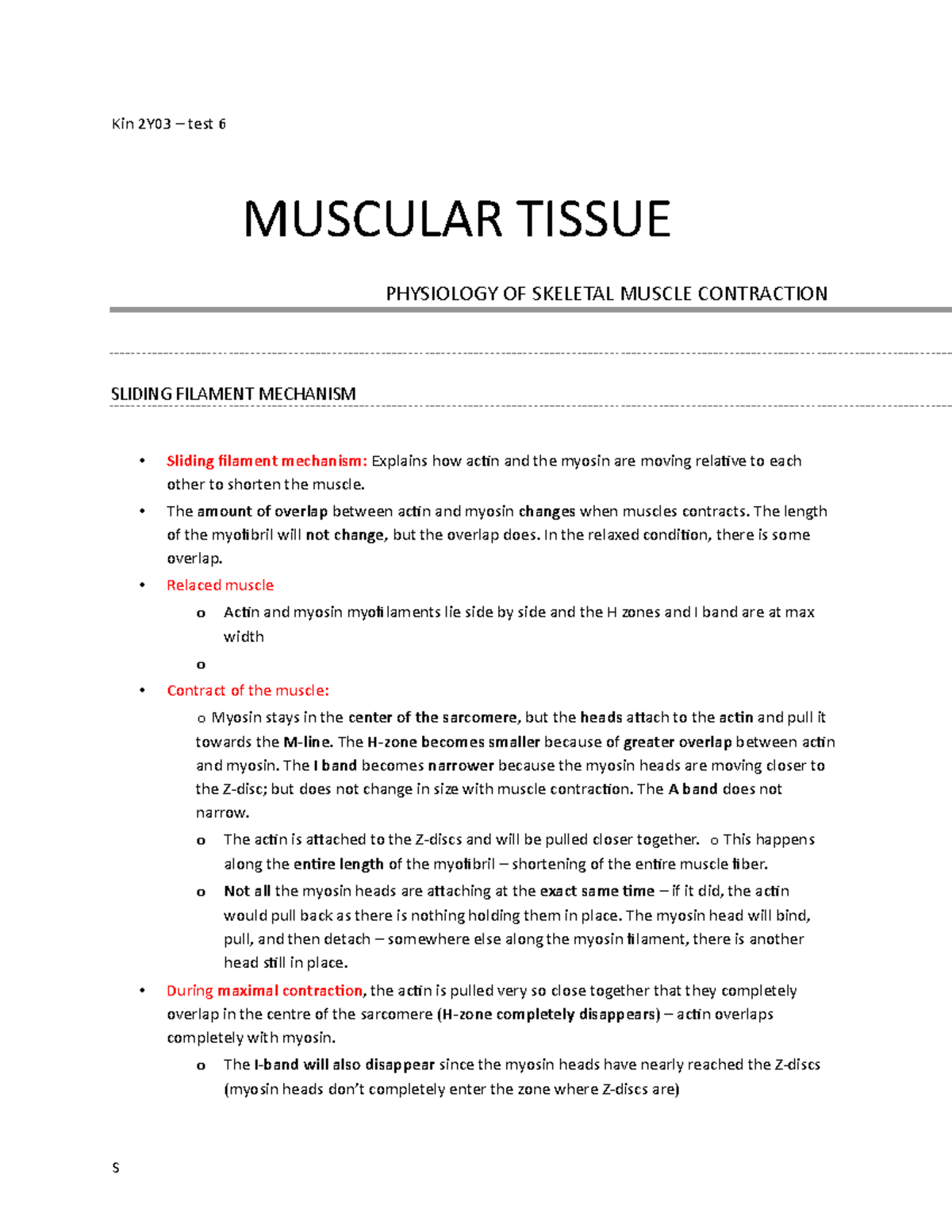 Kin - Test 6 Lecture Notes - Kin 2Y03 – Test 6 MUSCULAR TISSUE ...