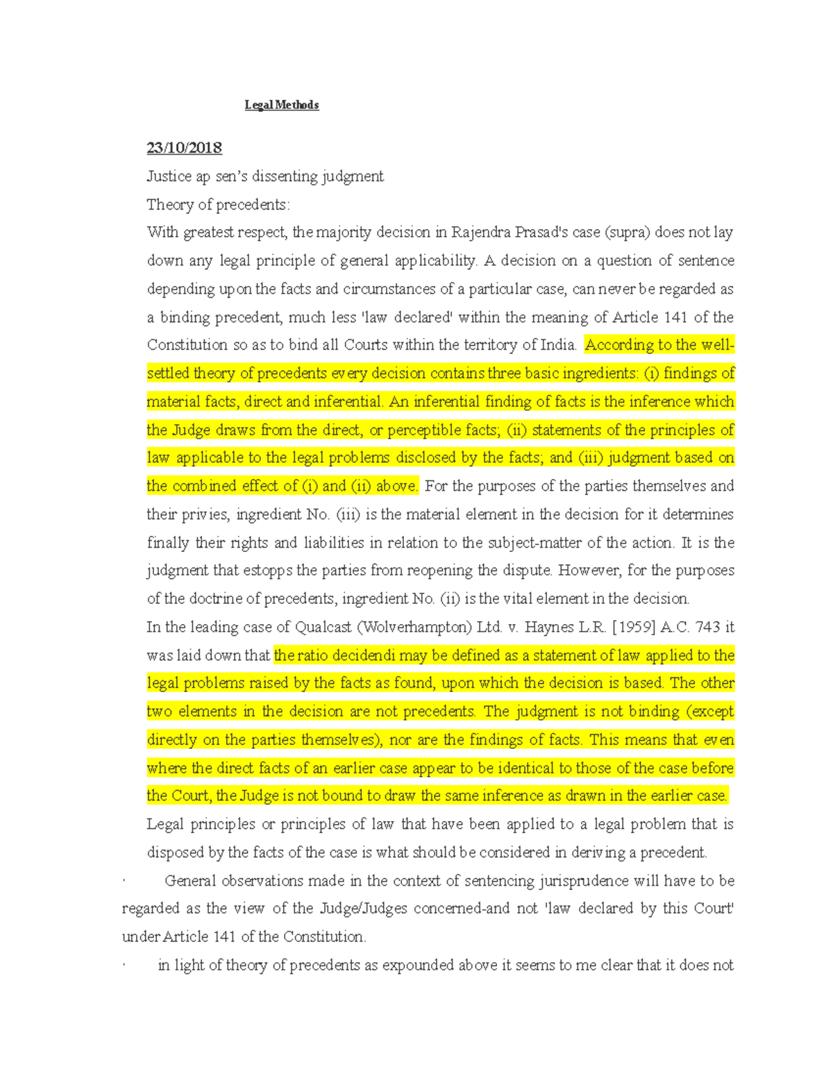 Legal Methods Legal Methods 23/10/ Justice ap sen’s dissenting