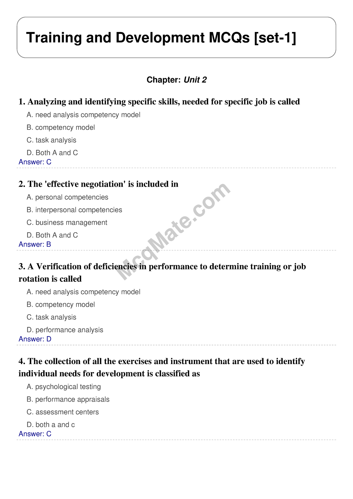 Training And Development (Chapter- Unit 2) Solved MCQs [set-1] Mcq Mate ...