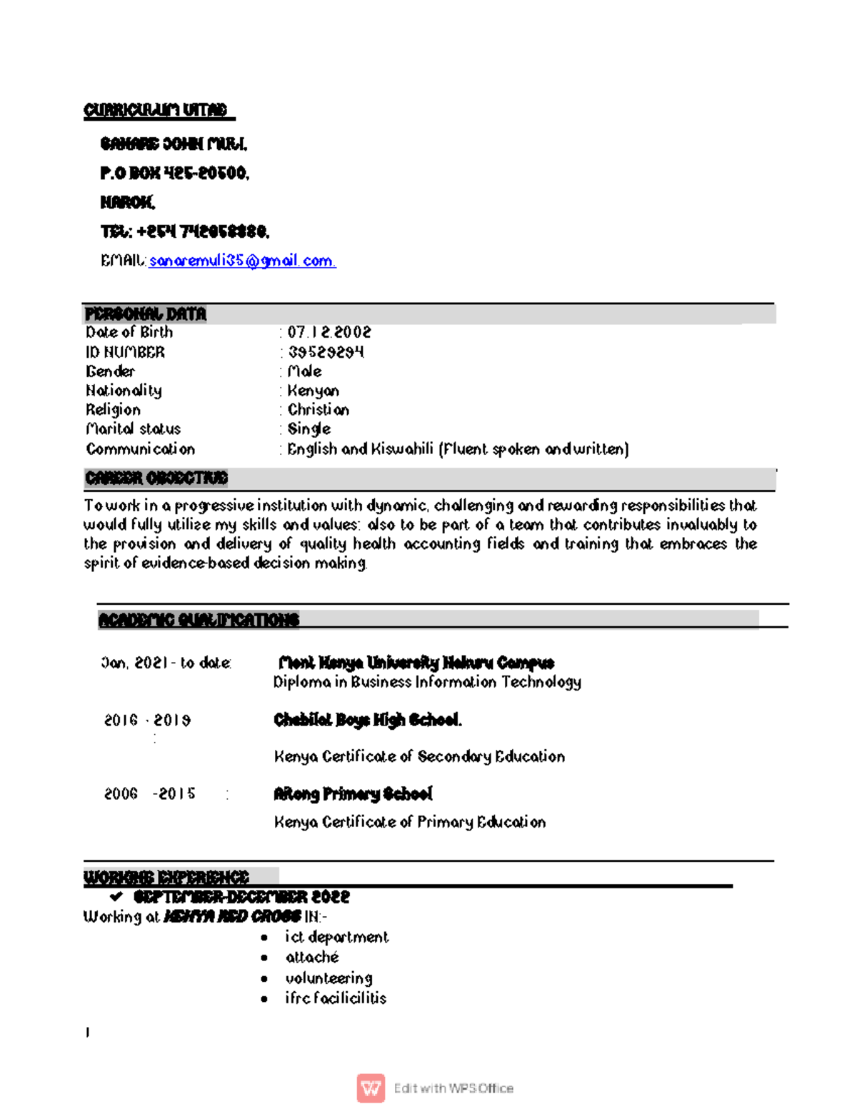 Bonfire - CURRICULUM VITAE SANARE JOHN MULI, P BOX 425 - 20500 , NAROK ...