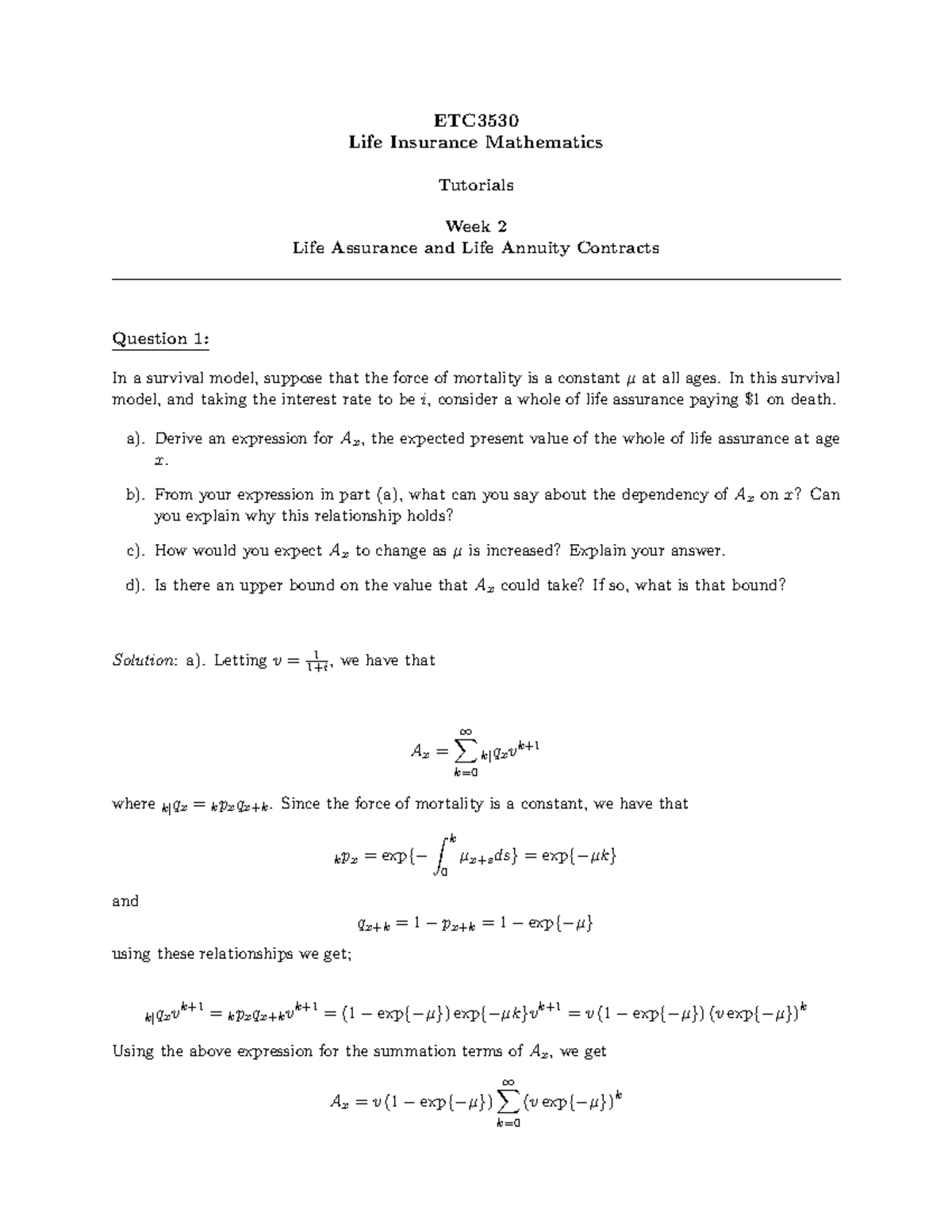 ETC3530 5353 Tutorial Week 2 Solutions - ETC Life Insurance Mathematics ...