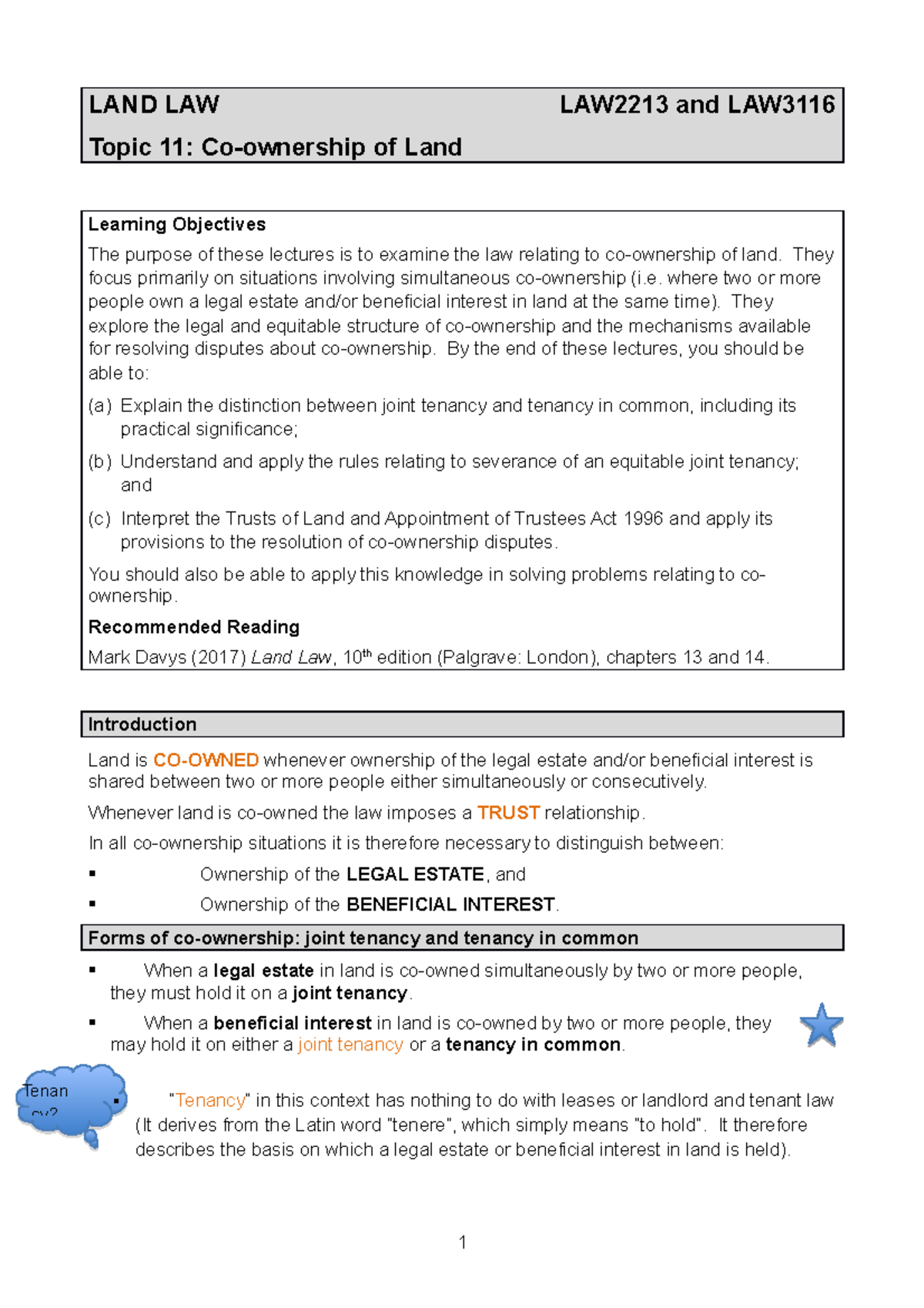 Lecture 13 Coownership of Land LAND LAW LAW2213 and LAW Topic 11