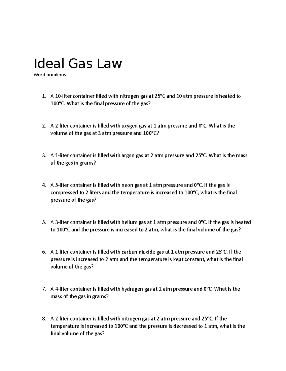 Ideal Gas Law first year fluid mechanics selfmade worksheet Ideal