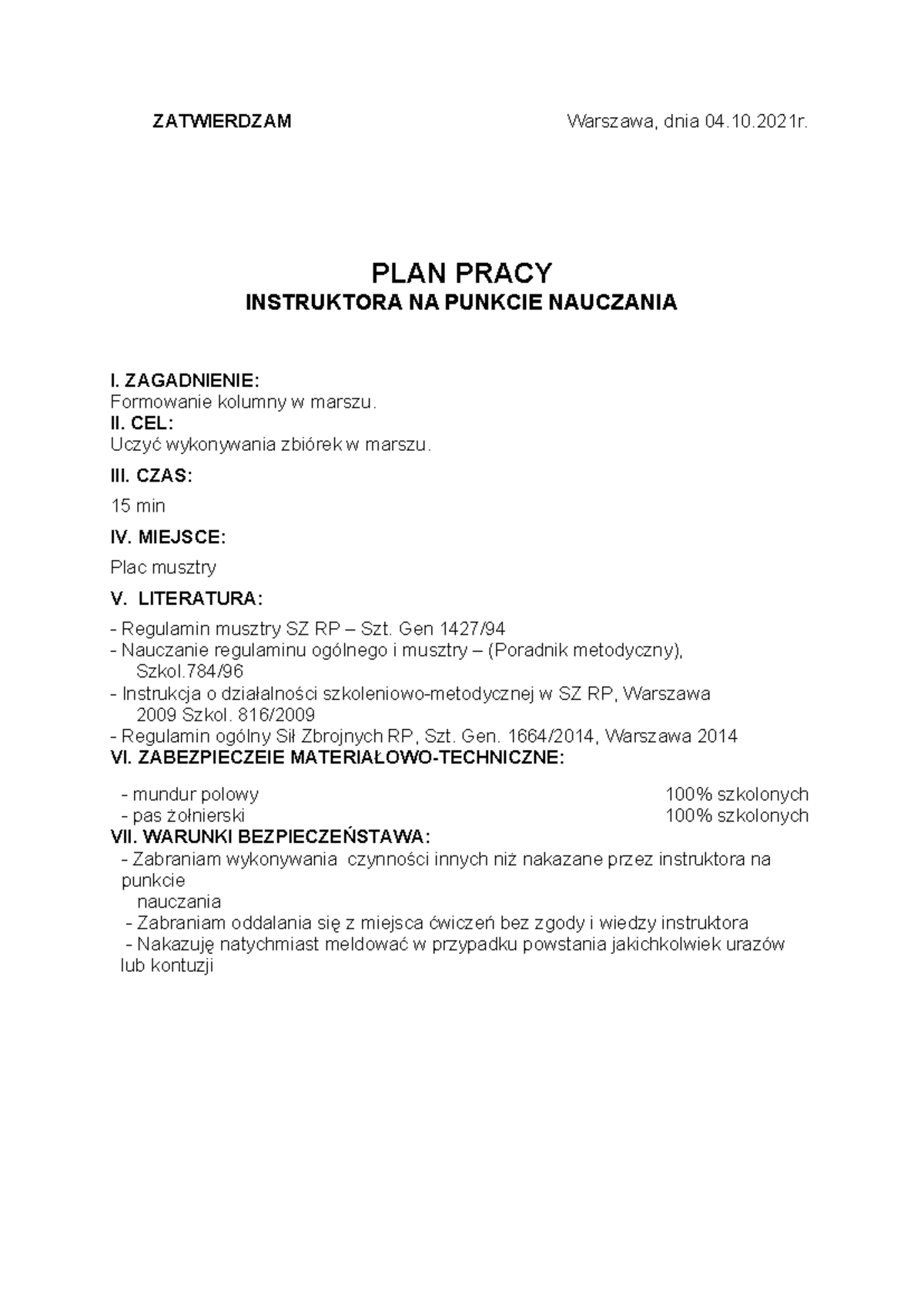 Plan Pracy Instruktora Na Punkcie Nauczania Opracowanie