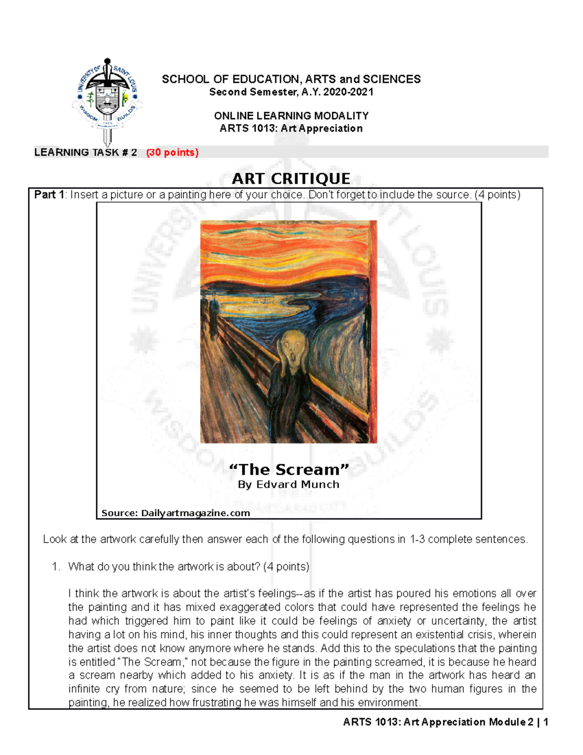 ART ART ART ART ART ART - SCHOOL OF EDUCATION, ARTS and SCIENCES Second ...