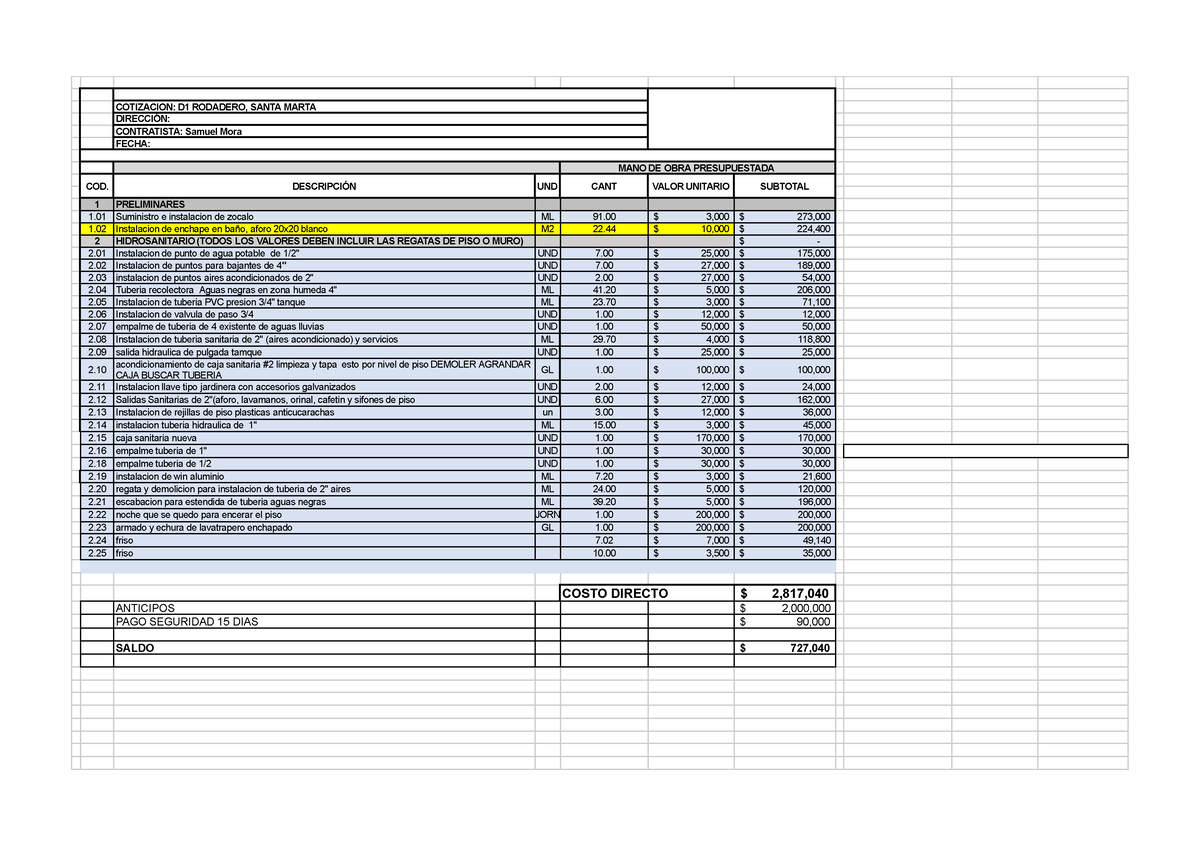 Liquidacion Fernando D1 Rodadero - COTIZACION: D1 RODADERO, SANTA MARTA ...
