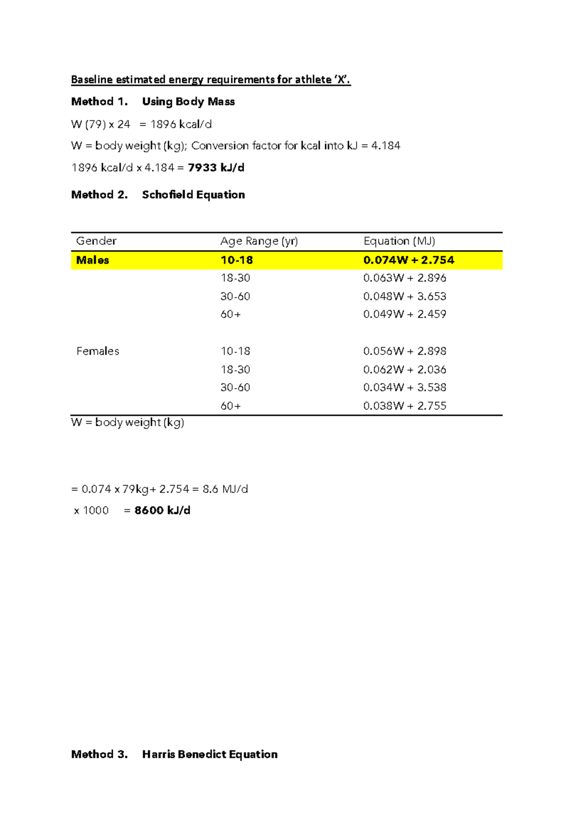 Hunt assignment - Baseline estimated energy requirements for athlete ‘X ...