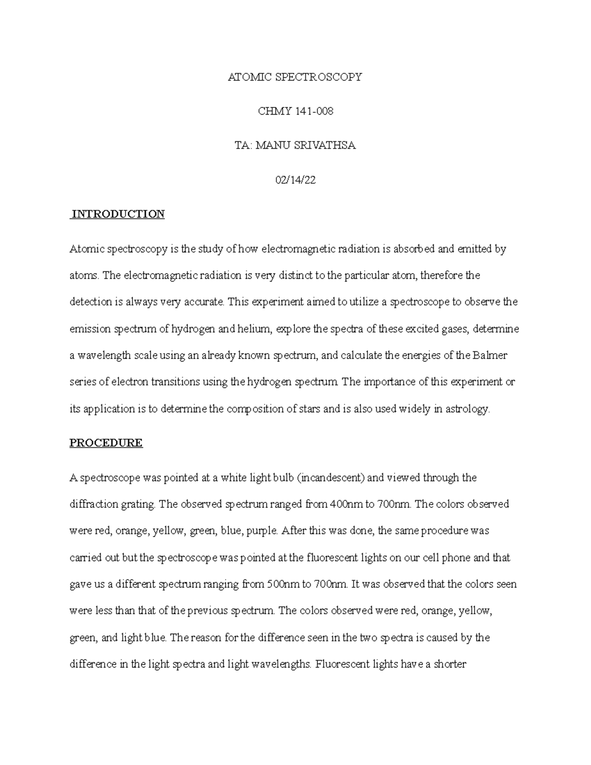 Atomic Spectroscopy lab report ATOMIC SPECTROSCOPY CHMY 141 TA