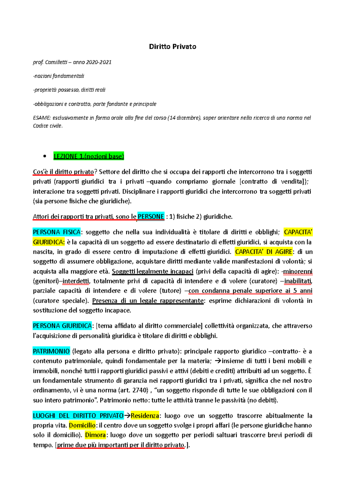 Appunti Lezioni Diritto Privato 2020 - Diritto Privato Prof. Camilletti ...