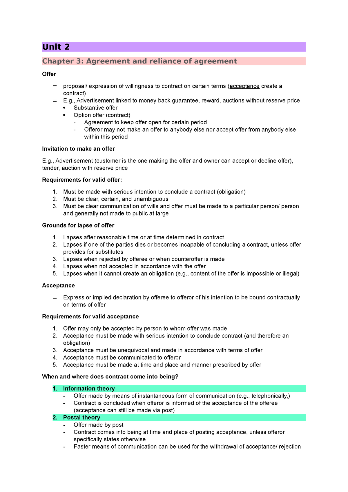 A2S1 Notes - Unit 2 Chapter 3: Agreement and reliance of agreement ...