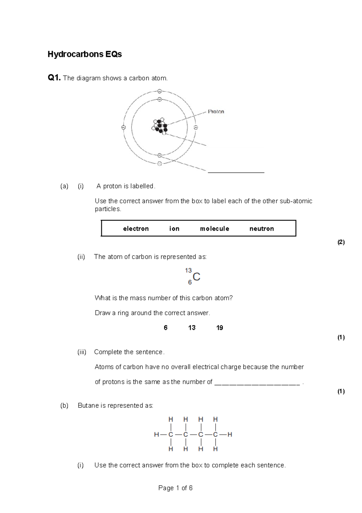 chemistry 6.3 assignment hydrocarbons