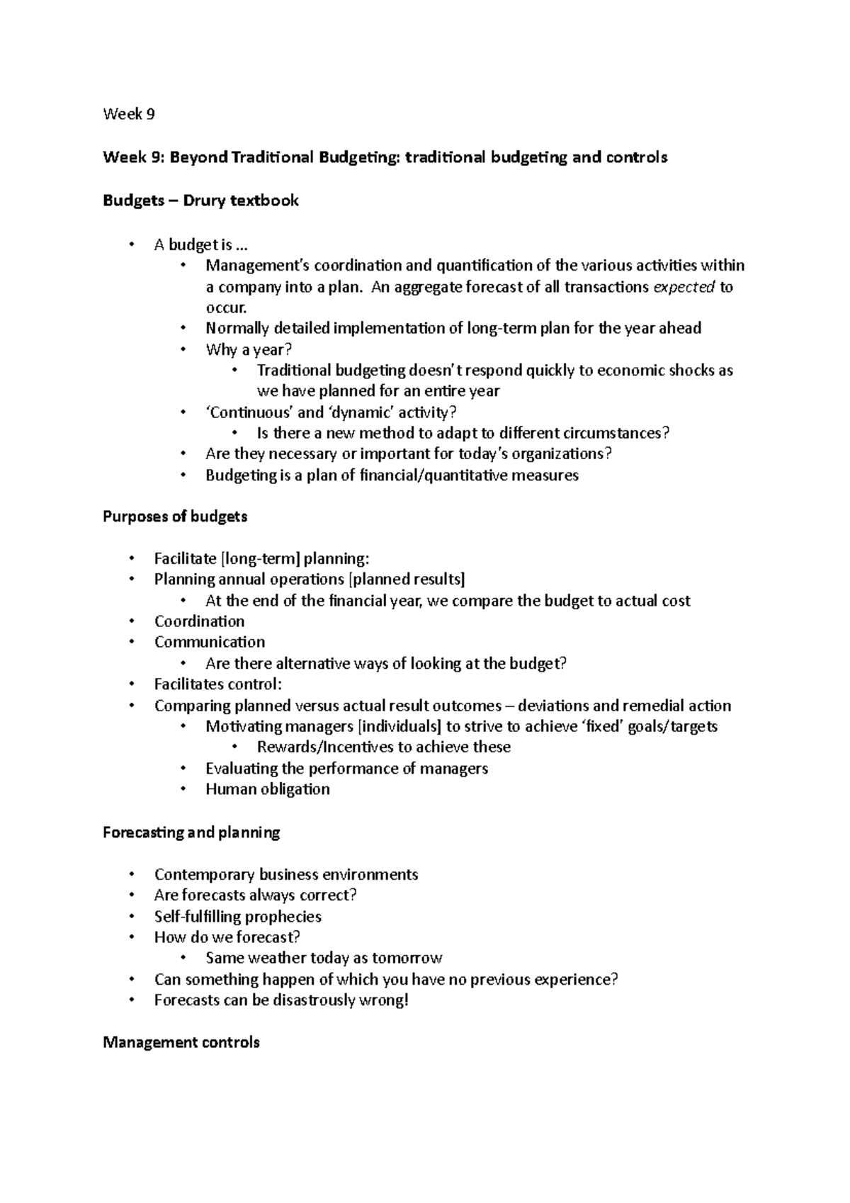 Week 9 - Beyond Traditional Budgeting: traditional budgeting and ...