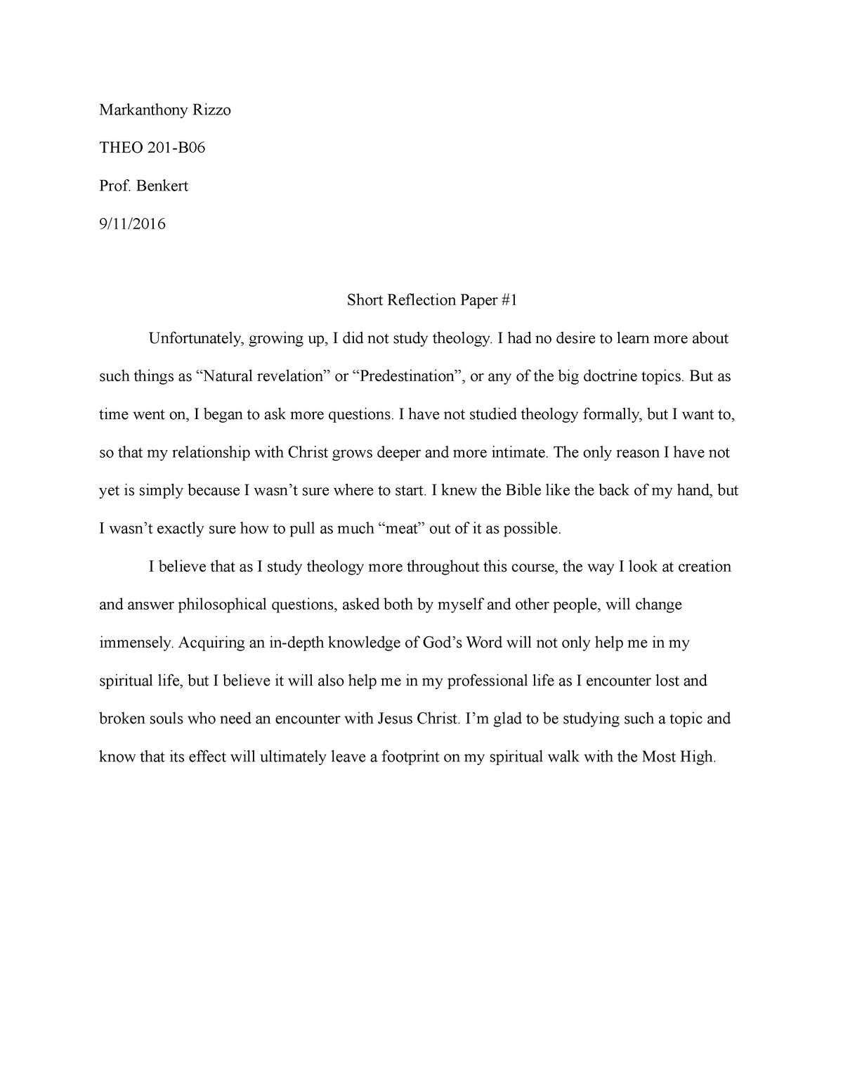 Personal Theology Reflection Paper
