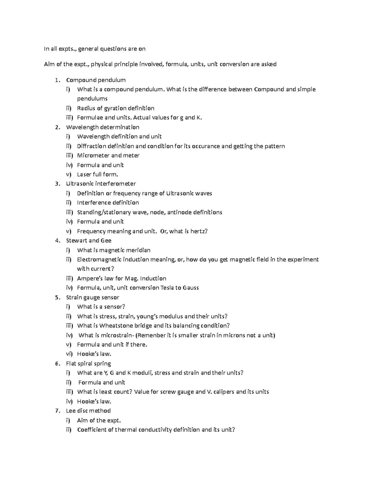 Viva -Engg. Physics Lab - In all expts., general questions are on Aim ...