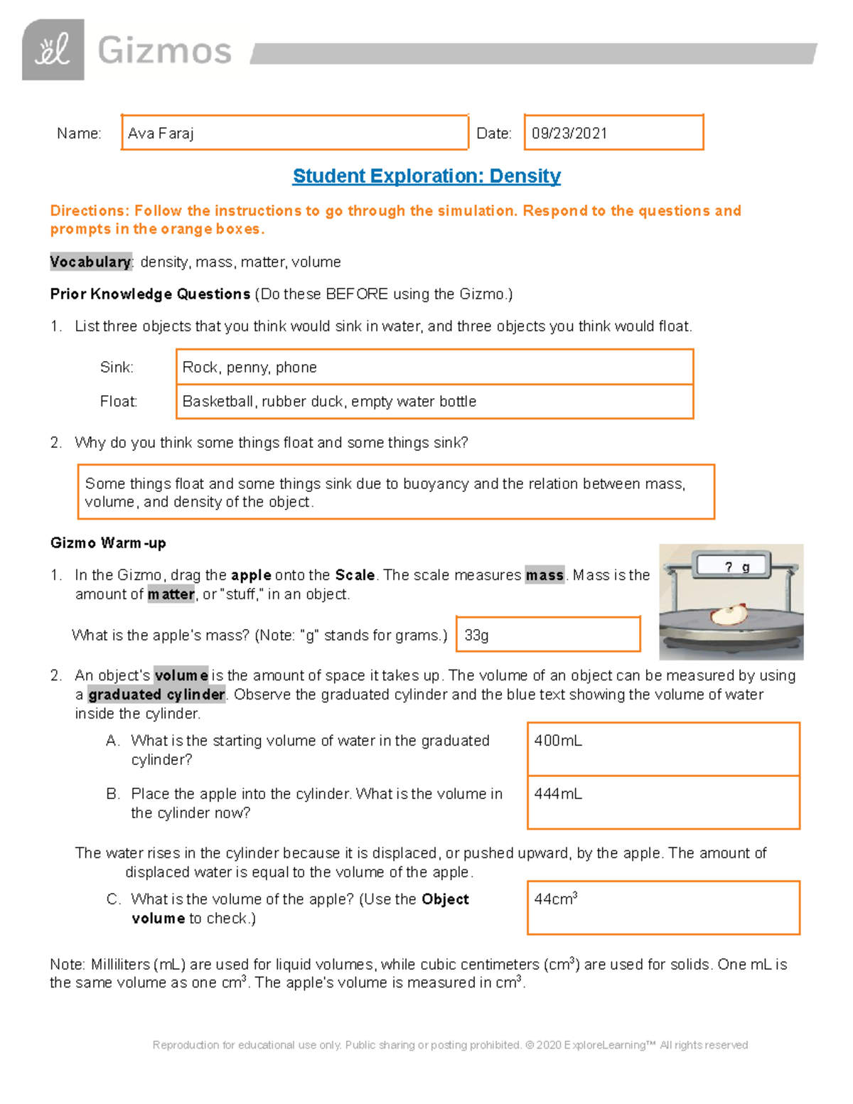 Chemistry Gizmo Density Name Ava Faraj Date 09 23 Student Exploration Density Directions 