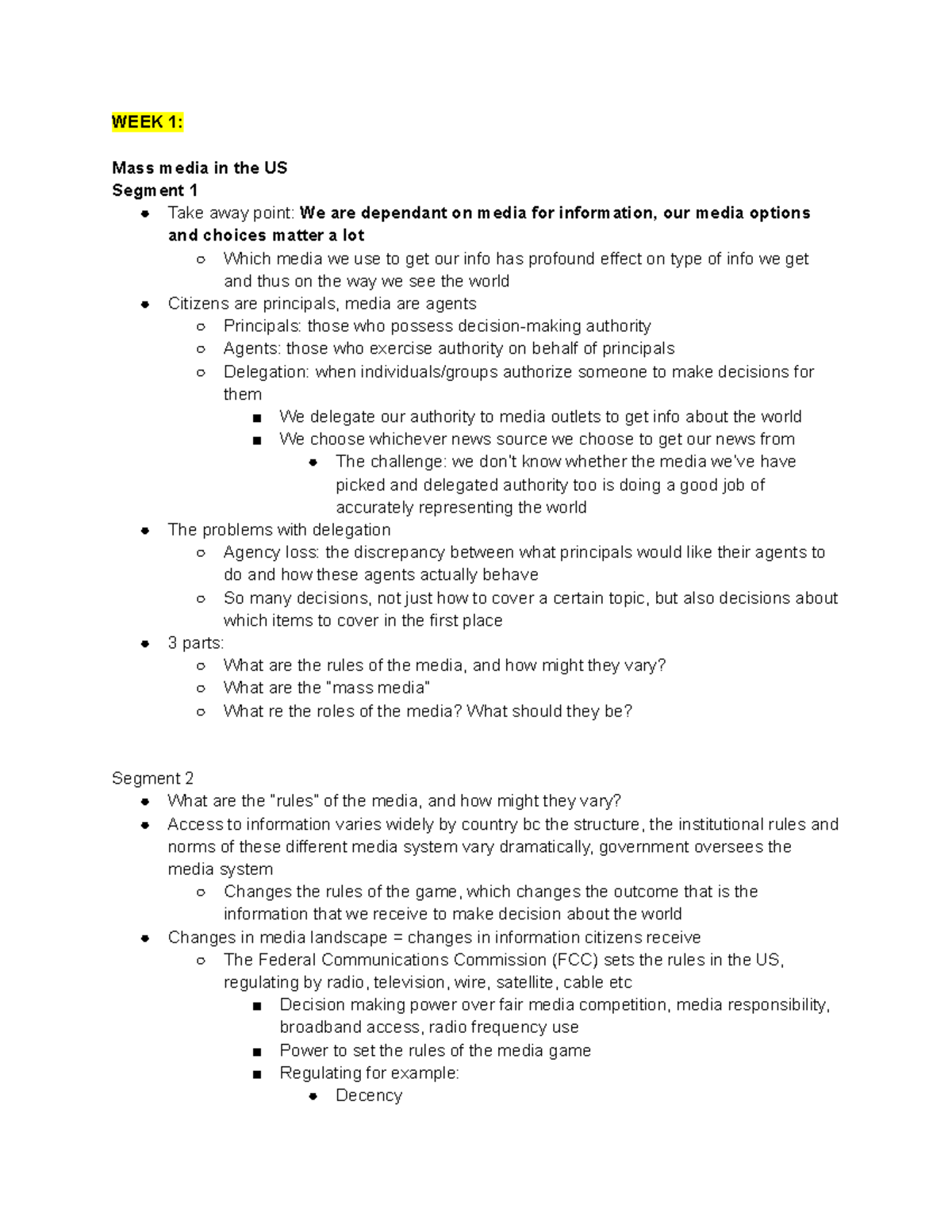 Pol 165v notes - Google Docs - WEEK 1: Mass media in the US Segment 1 ...