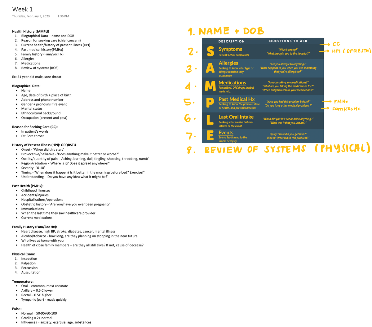 Week 1 - Summary of N202 Week 1 Lecture Notes - Health History: SAMPLE ...