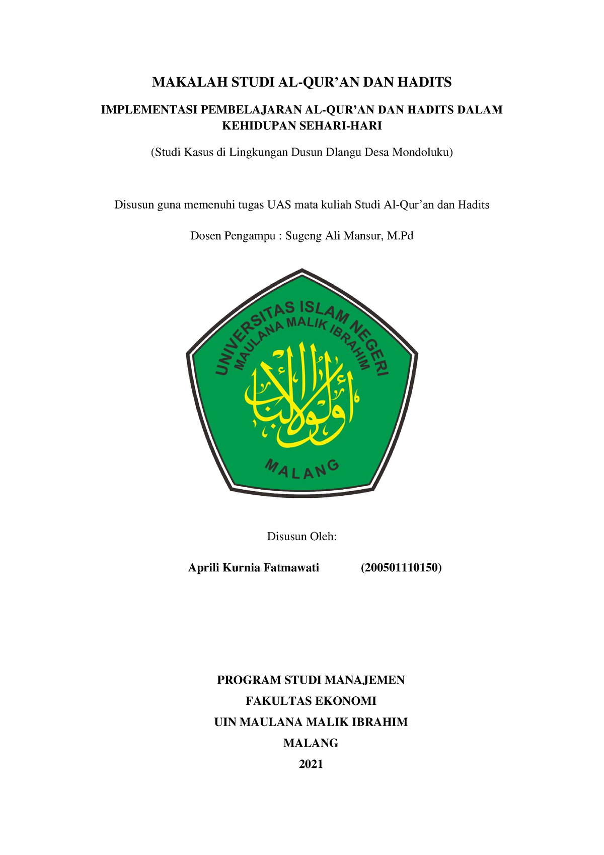 Makalah Studi Al-Qur'an Dan Hadits: Implementasi Pembelajaran Al-Qur'an ...