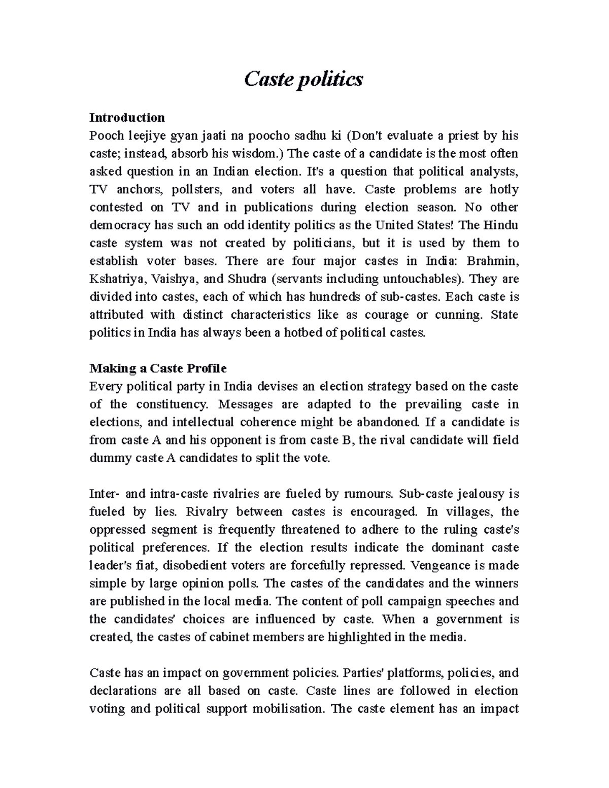 Caste politics Lecture notes 1 Caste politics Introduction Pooch