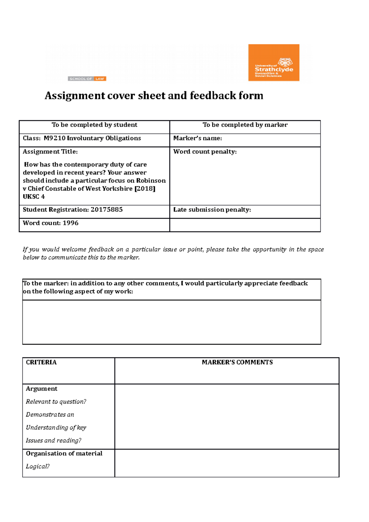 Involuntary Obligations Essay - Assignment cover sheet and feedback ...