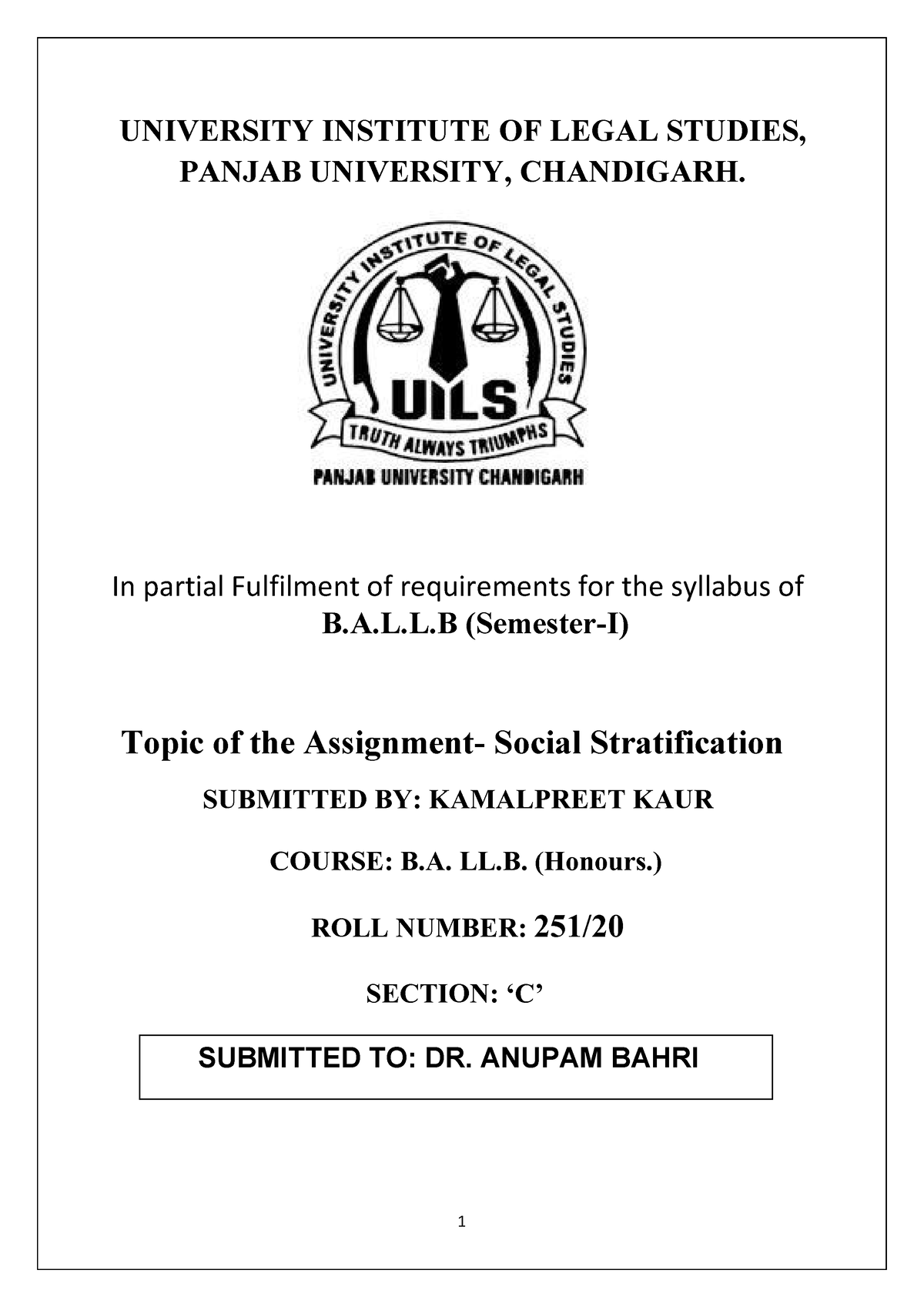 Social stratification - UNIVERSITY INSTITUTE OF LEGAL STUDIES, PANJAB ...